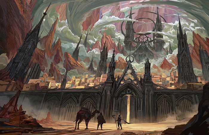 Fantasy city with gothic architecture and desert landscape