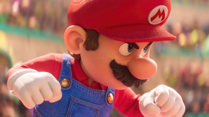 4K Mario movie character in red hat and blue overalls