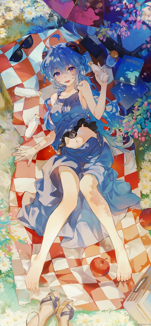Ganyu on a Picnic Blanket with Milk and Apples