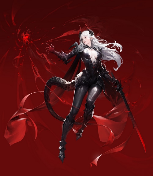 Fantasy art of a demon woman with horns and a sword