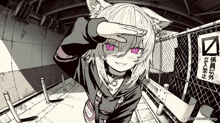 Nekomata Okayu with cat ears in a fisheye lens view