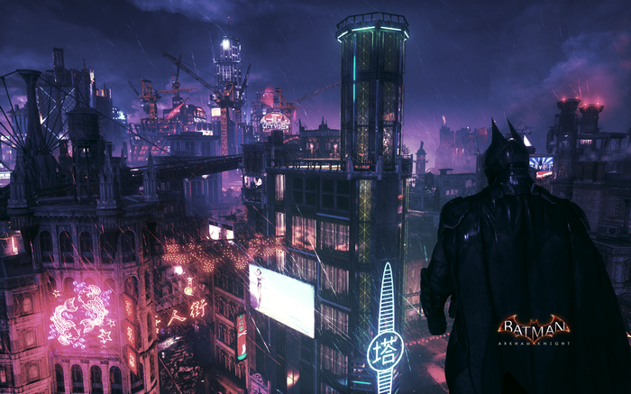 Batman: Arkham Knight in a Rainy City at Night