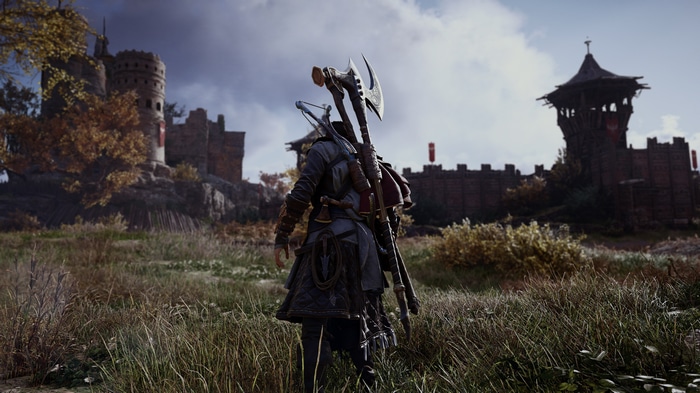Eivor with Axe and Bow in front of a Castle