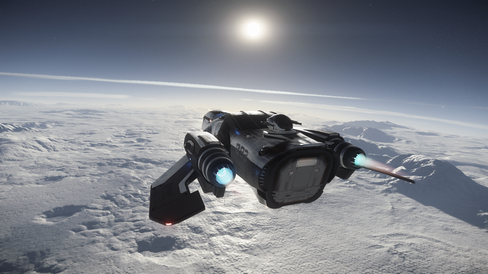 Star Citizen spaceship flying over an icy planet