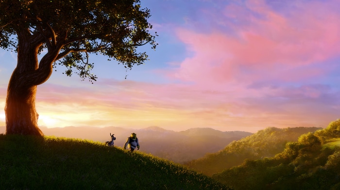 Shrek and Donkey on a Hill at Sunset