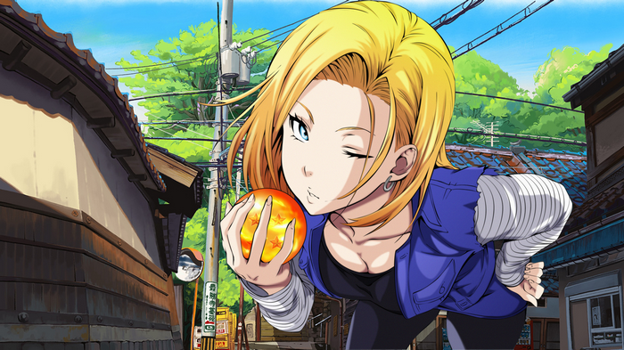 Android 18 holding a Dragon Ball in a Japanese town