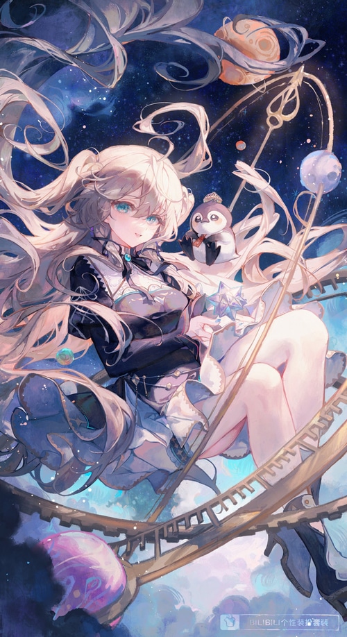 Girl with blonde hair and penguin in a galaxy
