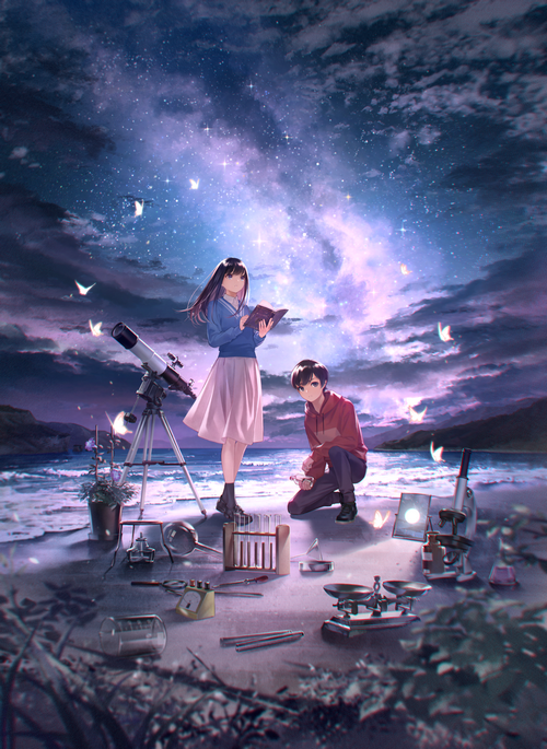 Couple stargazing on a beach with scientific equipment