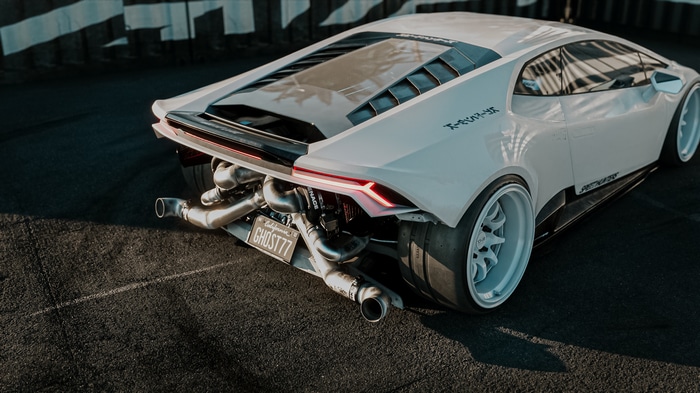 White Lamborghini Huracan with custom exhaust