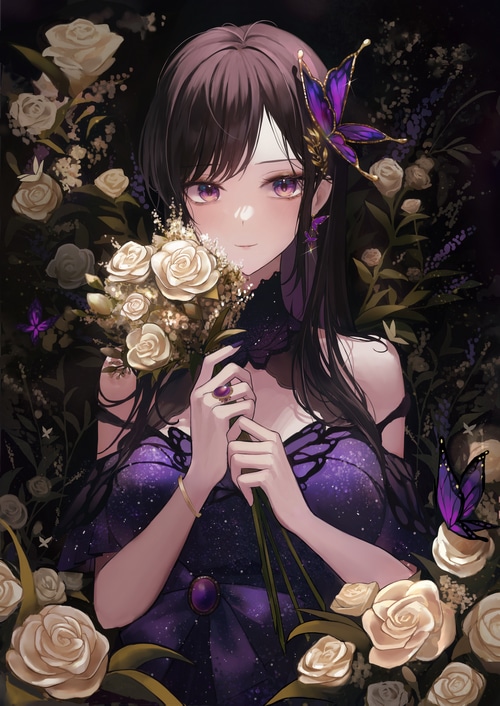 4K Anime Girl with Purple Dress and White Flowers