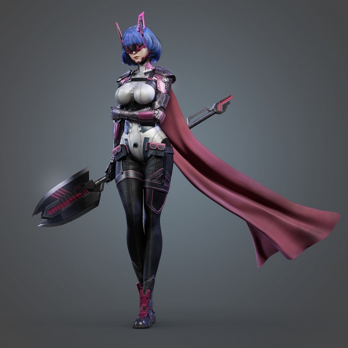 Ma Chui Chui in Cyberpunk Armor with Weapon and Cape