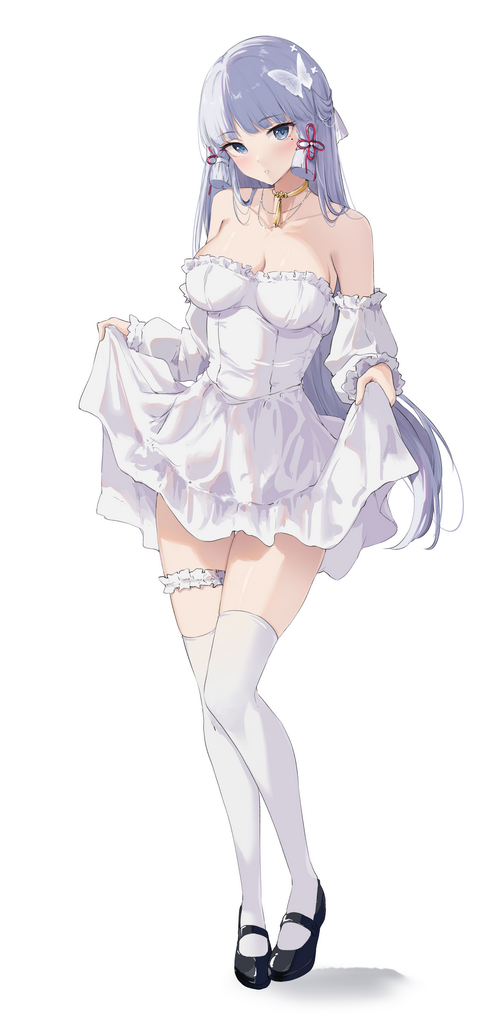 Kamisato Ayaka in a white dress lifting her dress