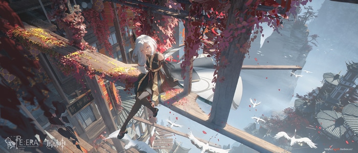 Shenhe from Genshin Impact on a tree branch with cranes
