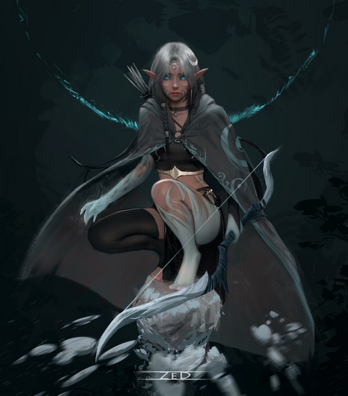 Fantasy Elf Archer with Blue Eyes and Moon Markings