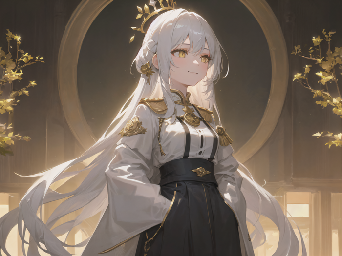 Anime girl with white hair and yellow eyes wearing a crown