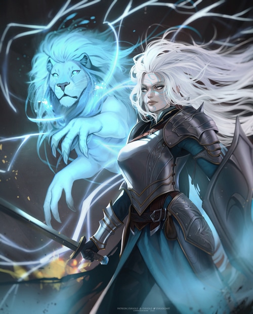 Woman warrior with a spirit lion and sword