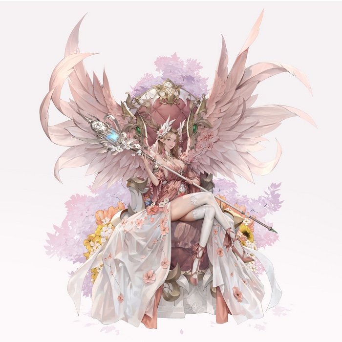 Woman with wings sitting on a throne with flowers
