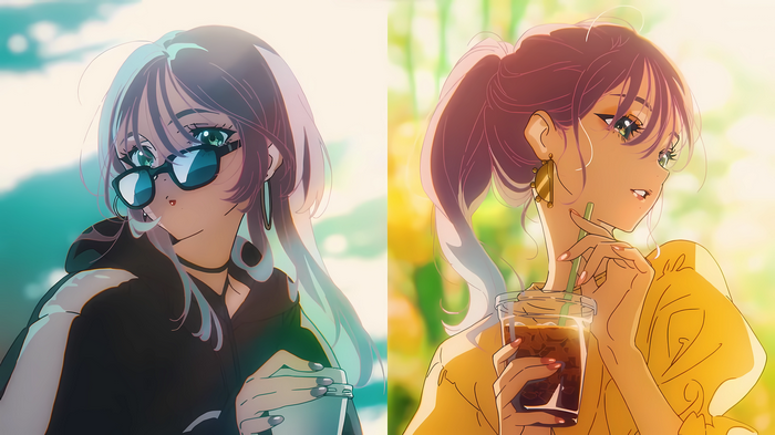 4K Anime screenshot of two girls with drinks