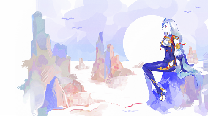 Shenhe sitting on a rock in a watercolor landscape