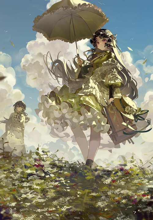 Girl with umbrella in a field of flowers