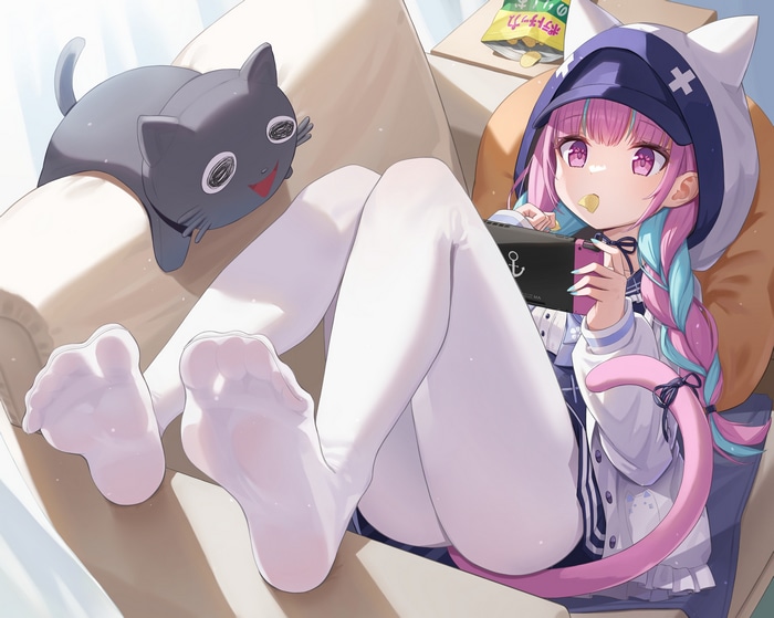 Minato Aqua Playing Nintendo Switch with Cat Plushie