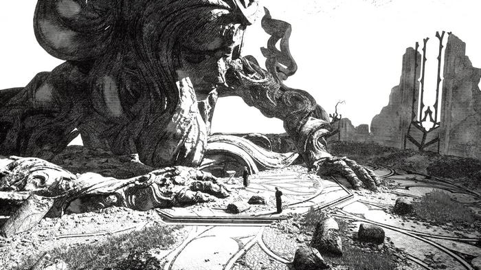 Monochrome sketch of a giant statue and ruins