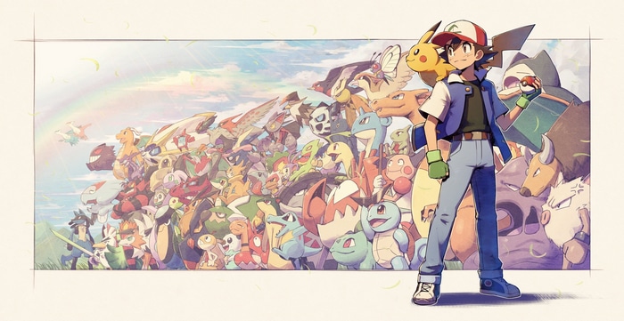 Ash Ketchum and Pokémon with Rainbow