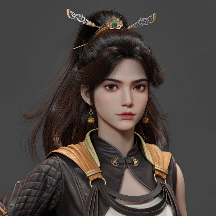 Asian woman with dark hair and traditional hair accessories