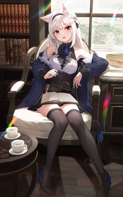 Anime girl with animal ears reading a book