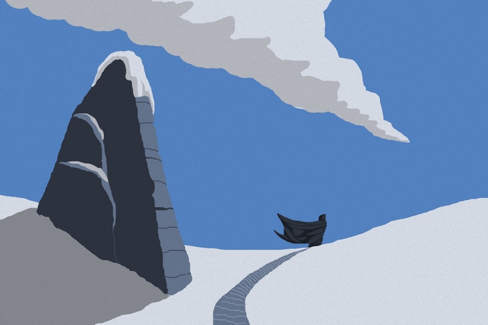 Traveler in a black cape on a snowy mountain pass