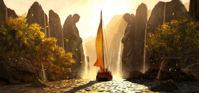 Sailboat passes between statues with waterfalls