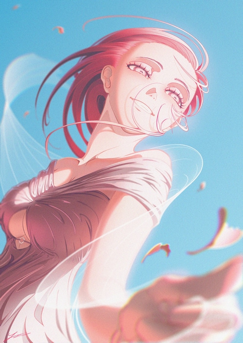 Woman with red hair and flowing dress in the sky