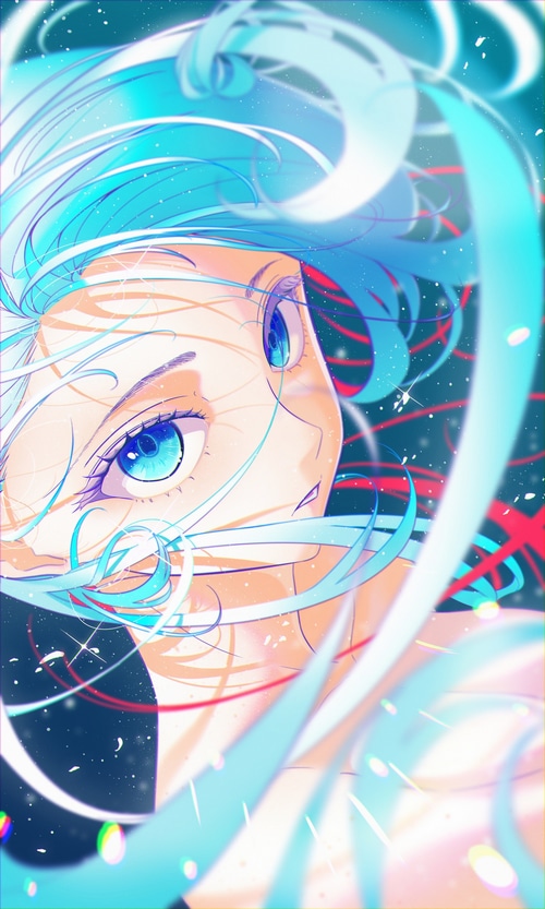 Woman with cyan hair and blue eyes