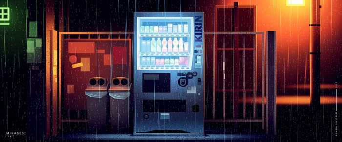 Romain Trystram's Tokyo street scene with vending machine in rain