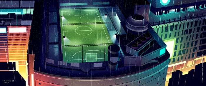 Rainy Tokyo cityscape with a rooftop soccer field