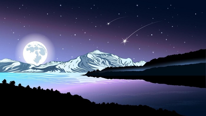 Night sky with moon, stars, and shooting stars over mountains and water