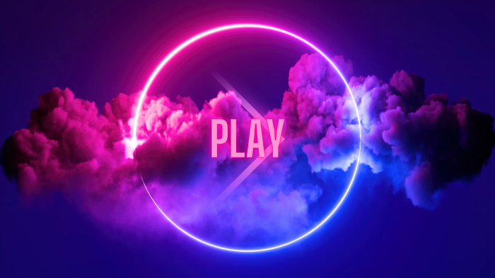 Neon circle with pink and blue smoke and PLAY text