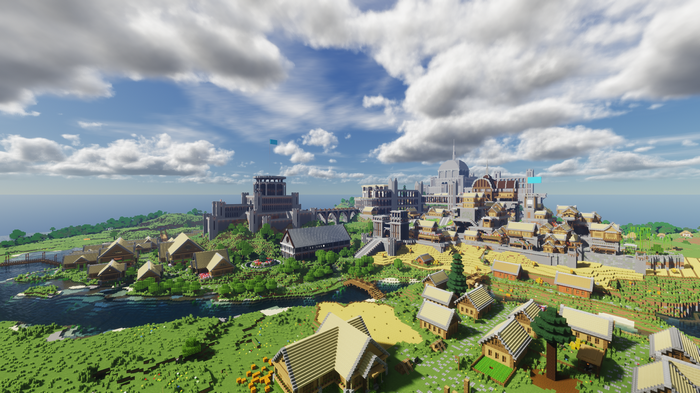 Minecraft village and castle by the water