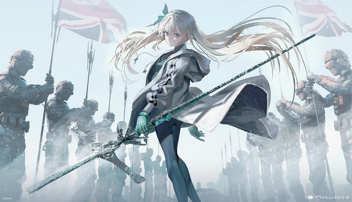 Girl with staff and soldiers holding UK flags