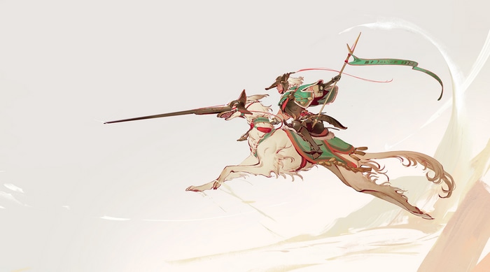 Warrior riding a mythical creature with a spear and flag