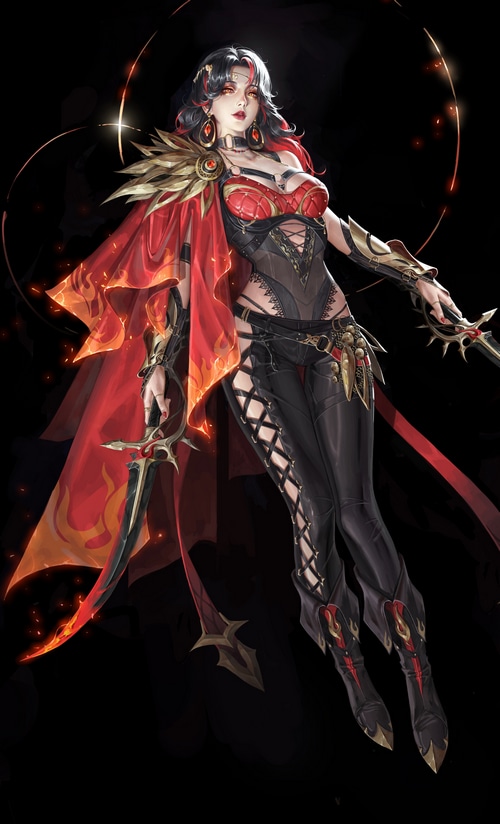 Illustration of a woman with a red cape and swords