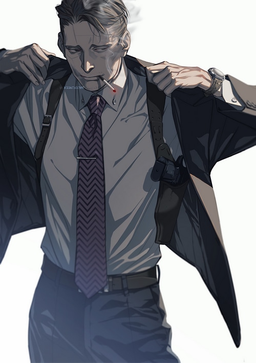 Man in Suit Smoking with Holster
