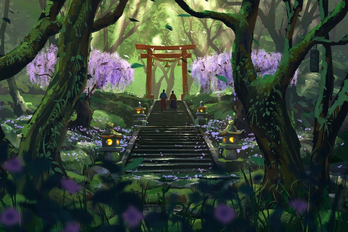Torii gate in a forest with blooming wisteria