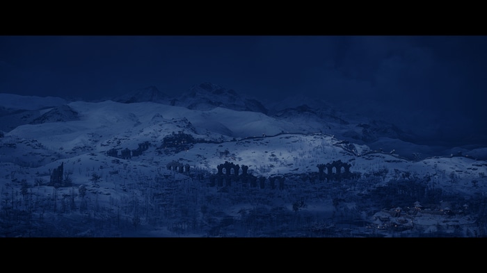 Assassin's Creed Valhalla snowy mountain pass ruins at night