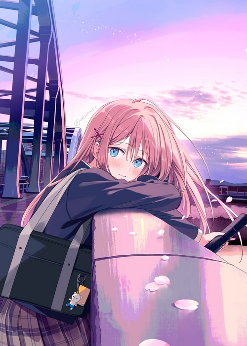 Anime schoolgirl with pink hair and blue eyes on a bridge