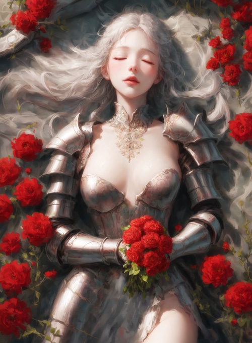 Woman in armor sleeping with roses
