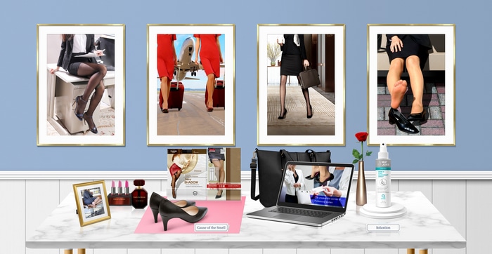 Women in high heels and stockings displayed in frames