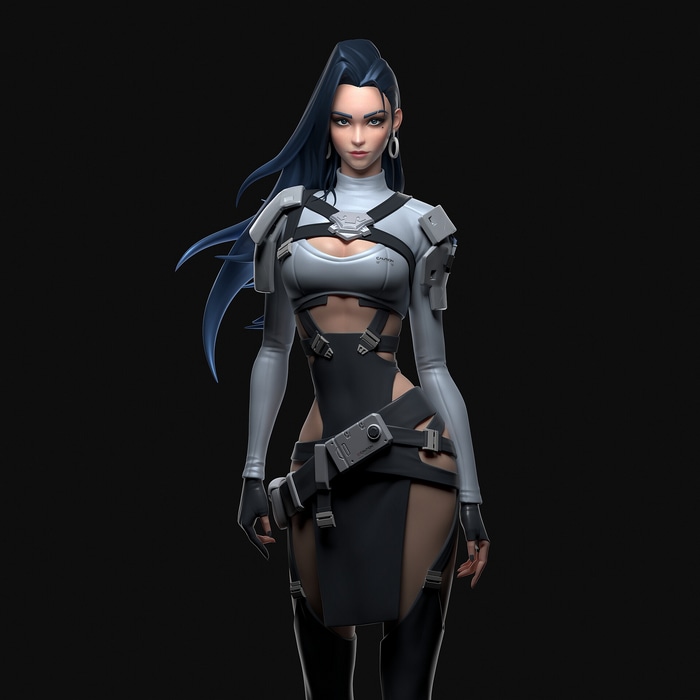 Woman with blue hair and silver armor