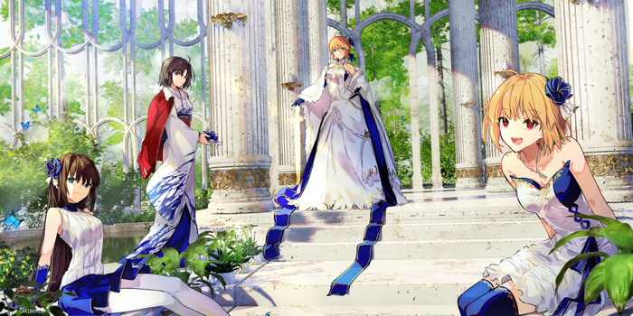 Fate series characters in a garden