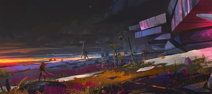 Horizon Zero Dawn Tallneck and character at sunset